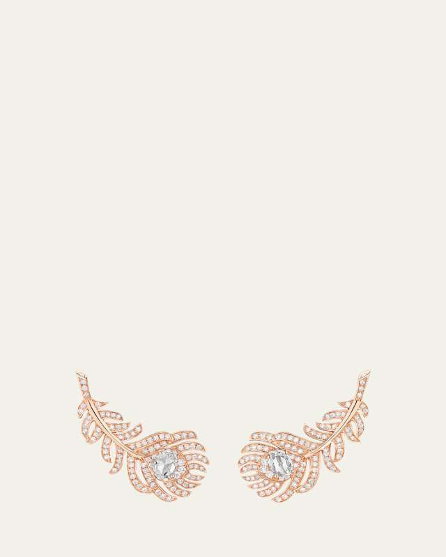 18K Pink Gold Small Clip Plume de Paon Earrings with Diamonds